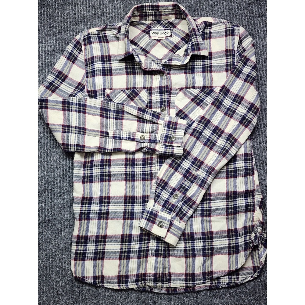Vans Womens XS Plaid Flannel Button Down Shirt Purple Cream Long Sleeve 1528